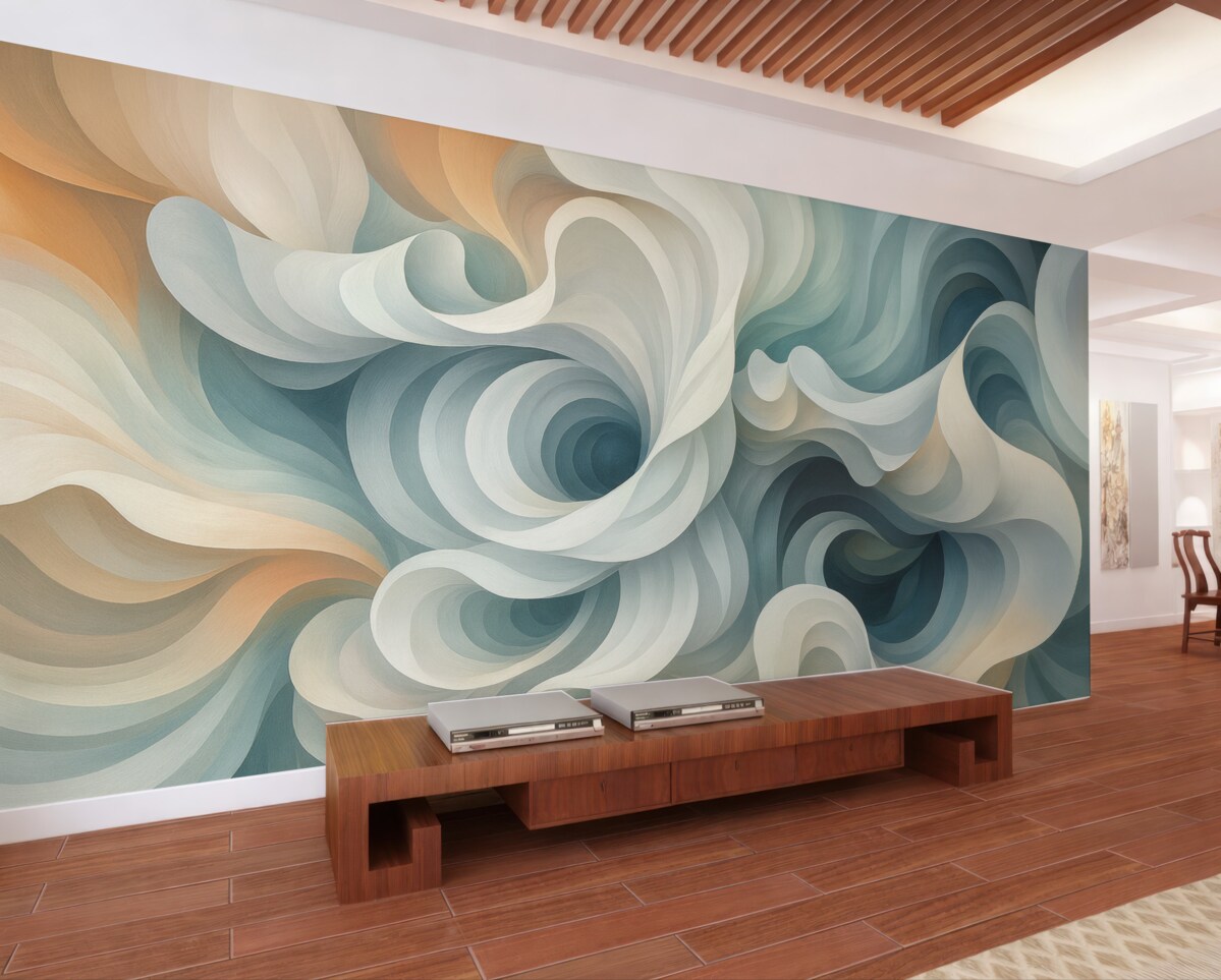 Fototapeta Kontrastująca abstrakcja z zawirowanym wzorem w tonacjach pomarańczu, zieleni i błękitu.