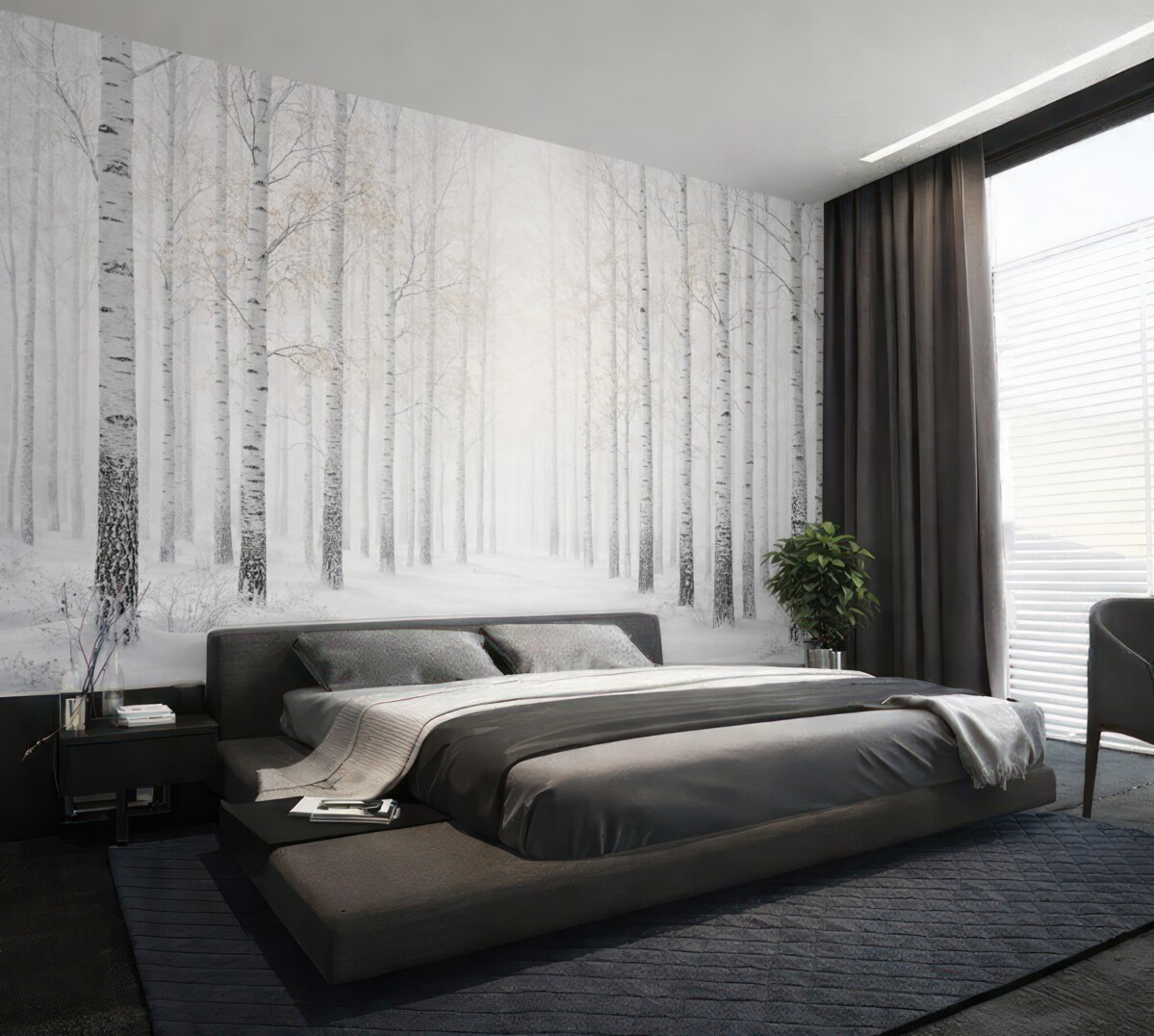 Fototapeta Gęsty las pokryty śniegiem zimą.