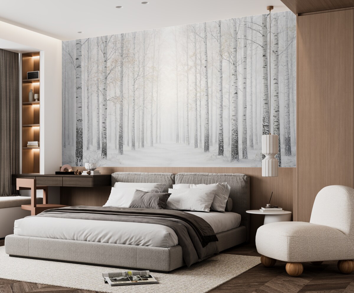 Fototapeta Gęsty las pokryty śniegiem zimą.