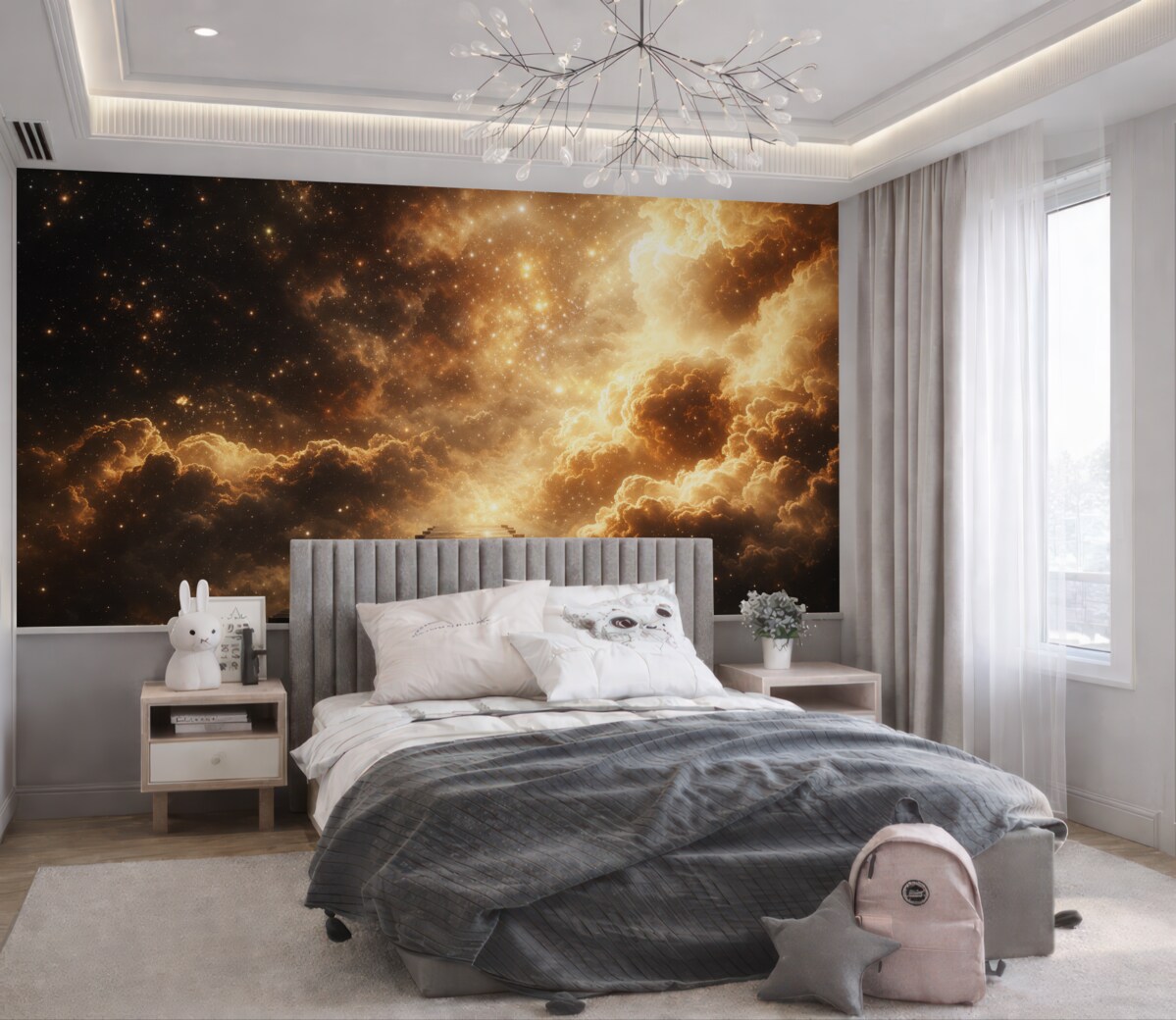 Fototapeta Kosmiczne żółto-czarne gwiaździste niebo z drewnianym bulwarem.