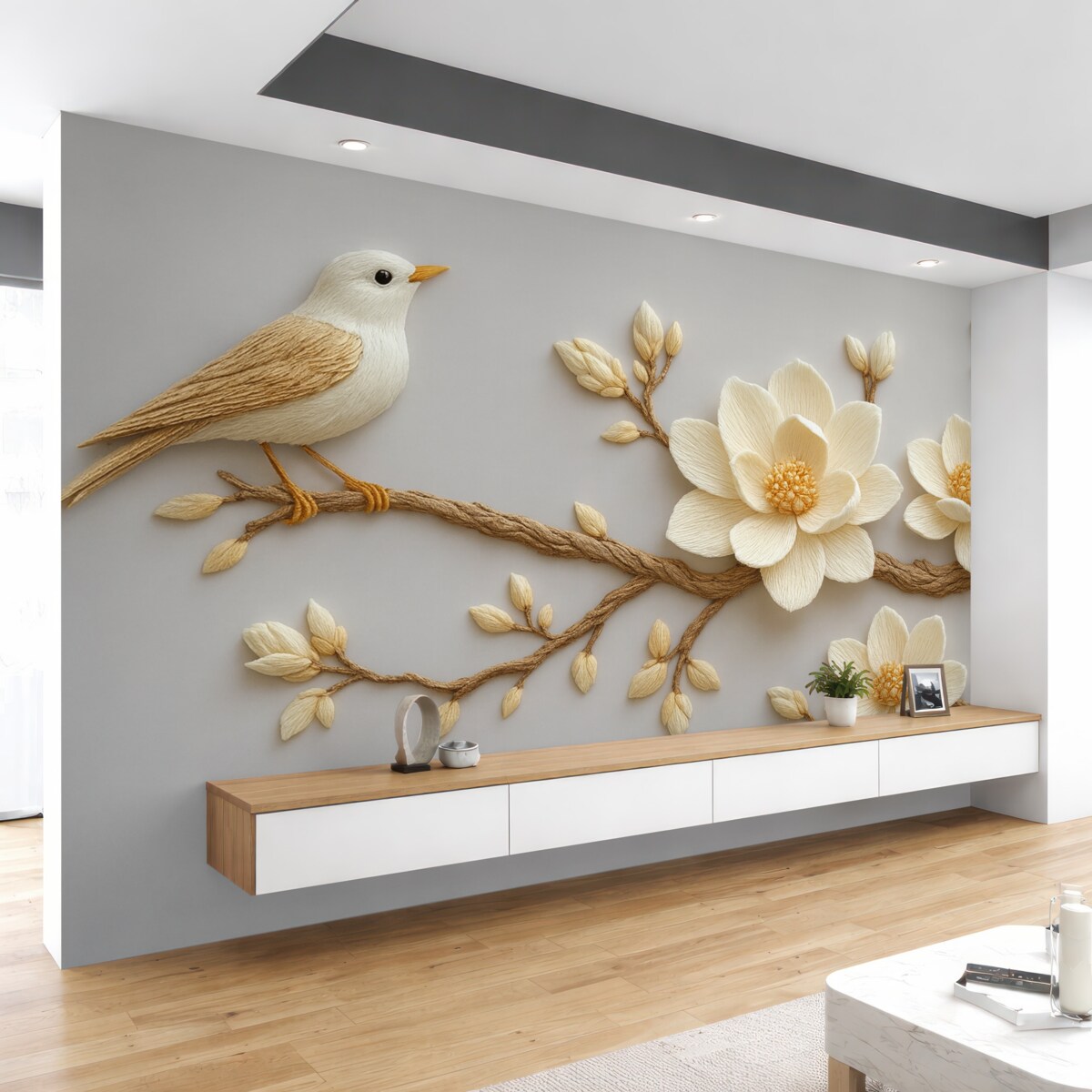 Fototapeta W stylu wyszywanych kwiatów magnolii z ptakiem na gałęzi na jasnoniebieskim tle.