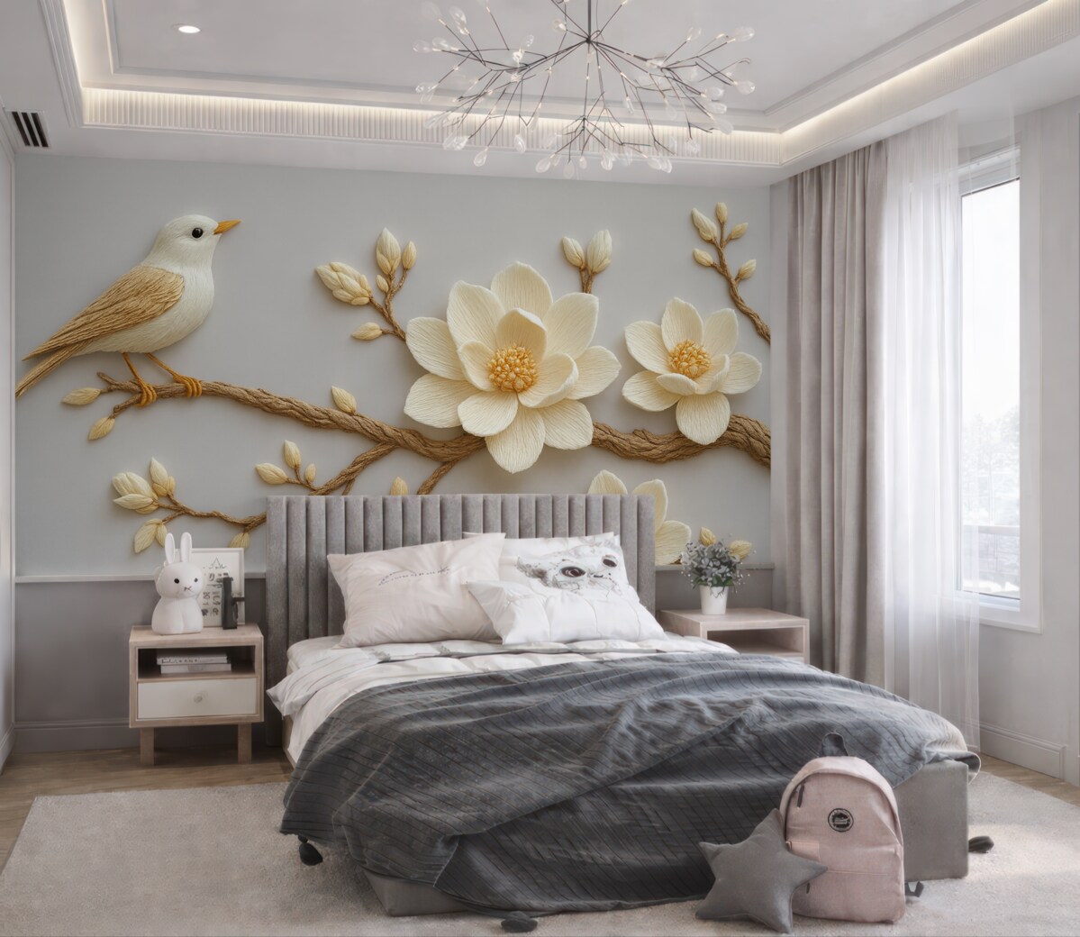 Fototapeta W stylu wyszywanych kwiatów magnolii z ptakiem na gałęzi na jasnoniebieskim tle.