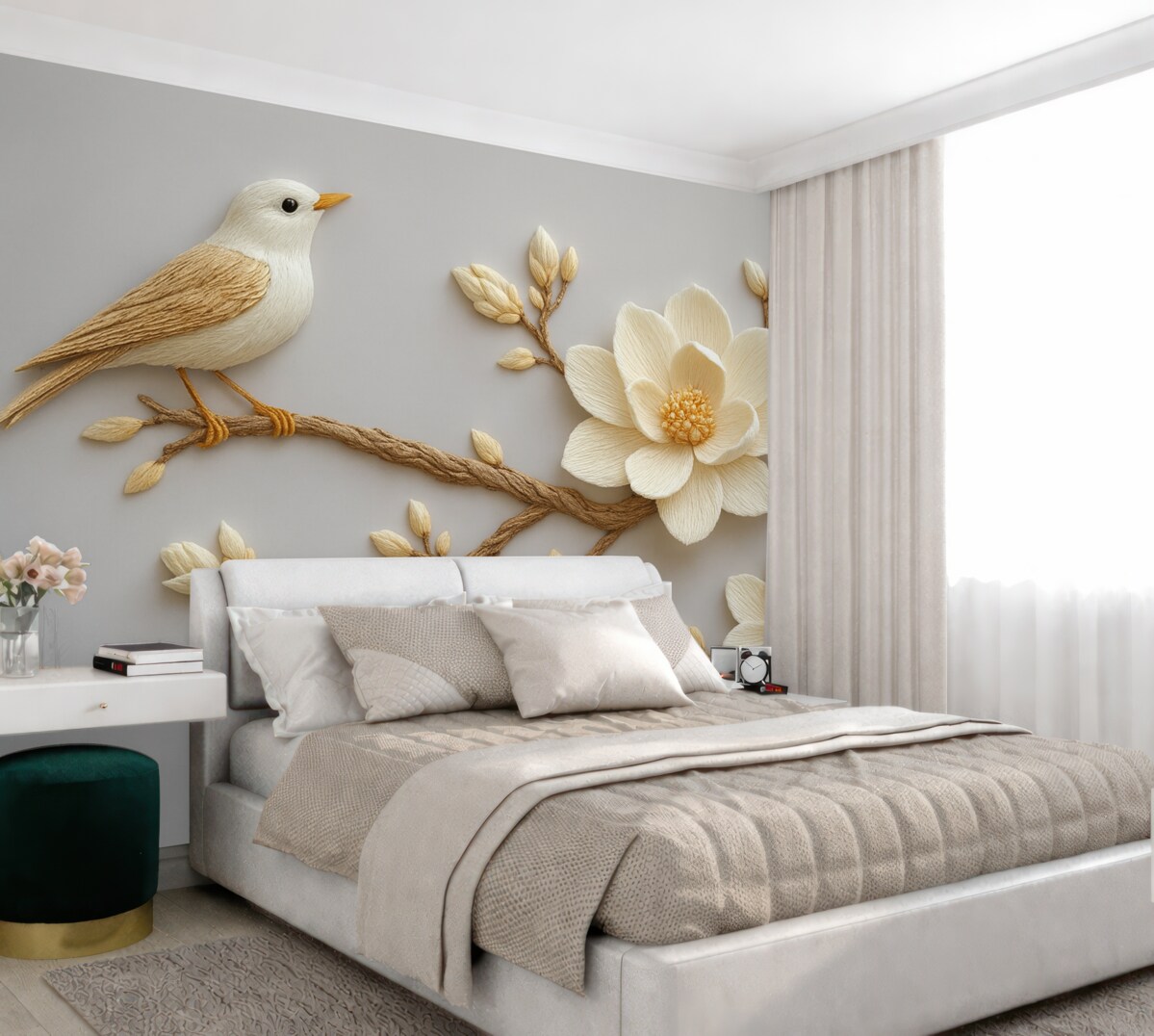 Fototapeta W stylu wyszywanych kwiatów magnolii z ptakiem na gałęzi na jasnoniebieskim tle.