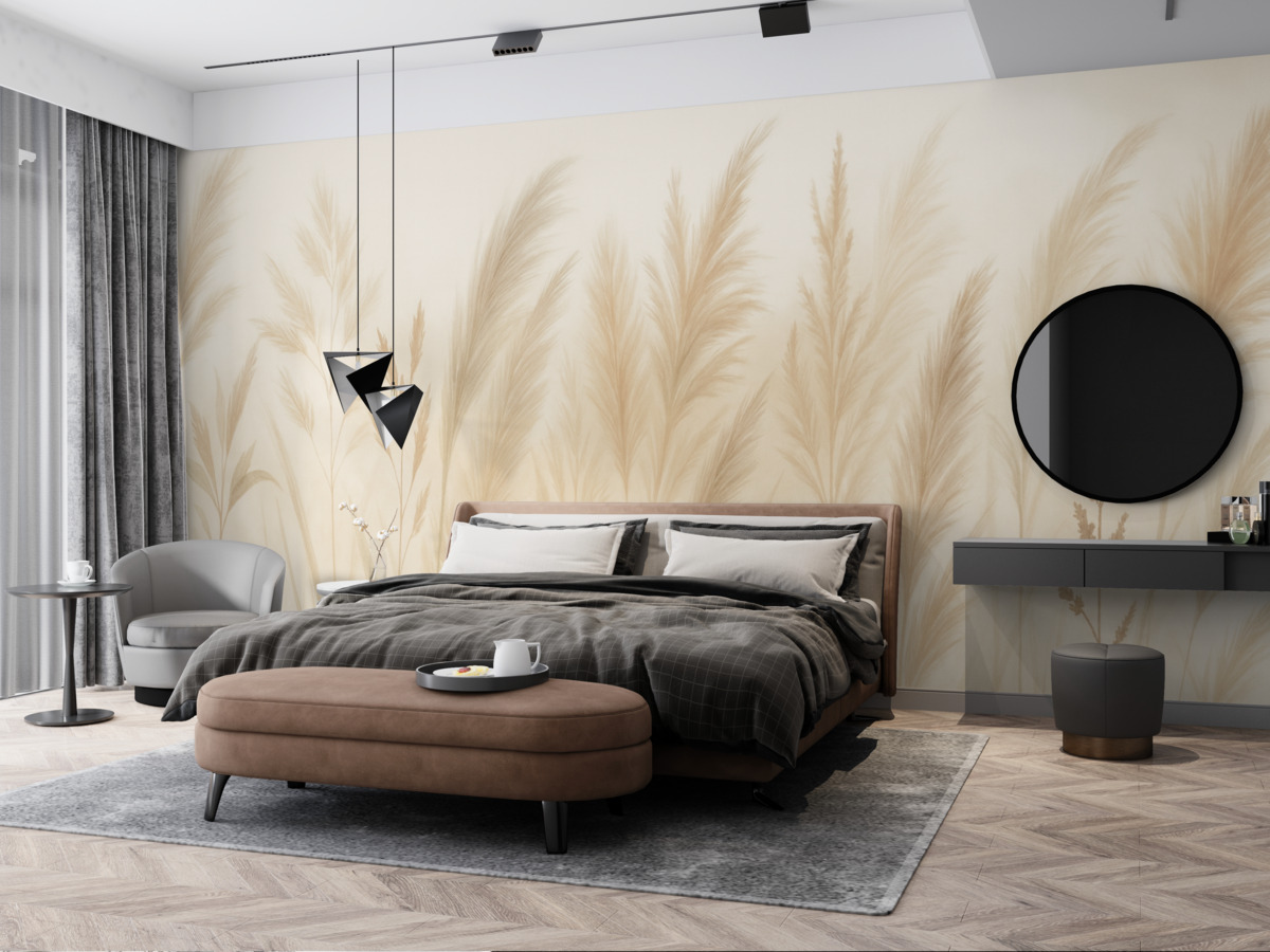 Fototapeta Wysokie, subtelne trawy, kłosy i rośliny w stonowanych beżowych i kremowych tonach, na lekko zatartej tle.