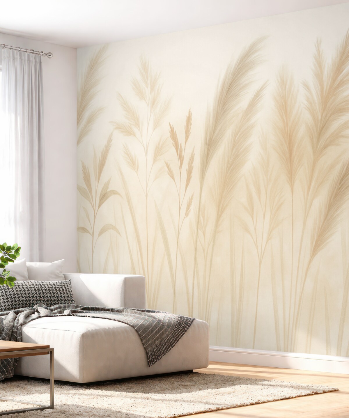 Fototapeta Wysokie, subtelne trawy, kłosy i rośliny w stonowanych beżowych i kremowych tonach, na lekko zatartej tle.