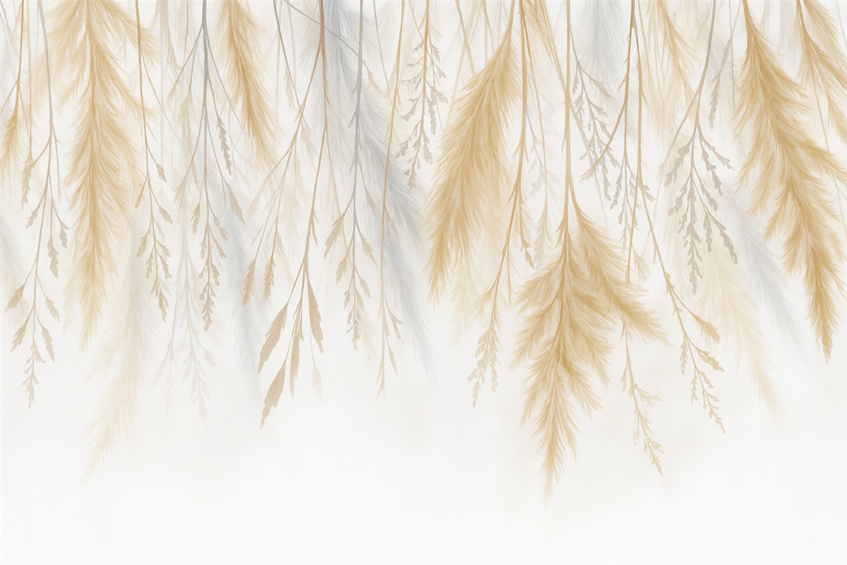 Fototapeta Subtelne trawy, kłosy oraz rośliny w pastelowych odcieniach, rozmieszczone w kaskadowy wzór na jasnym tle.