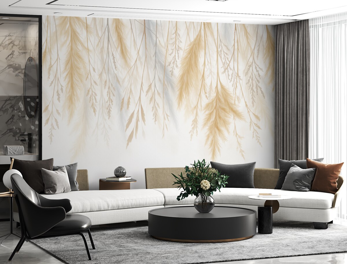 Fototapeta Subtelne trawy, kłosy oraz rośliny w pastelowych odcieniach, rozmieszczone w kaskadowy wzór na jasnym tle.