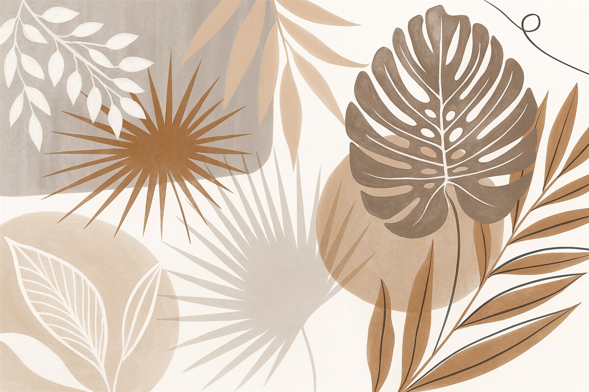 Fototapeta Abstrakcyjny motyw przedstawiający różnorodne tropikalne liście w ziemistych tonacjach brązu, beżu i kremu.
