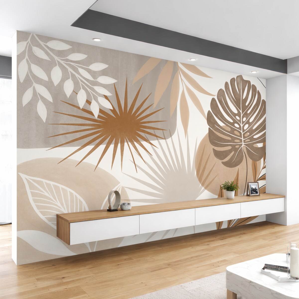 Fototapeta Abstrakcyjny motyw przedstawiający różnorodne tropikalne liście w ziemistych tonacjach brązu, beżu i kremu.