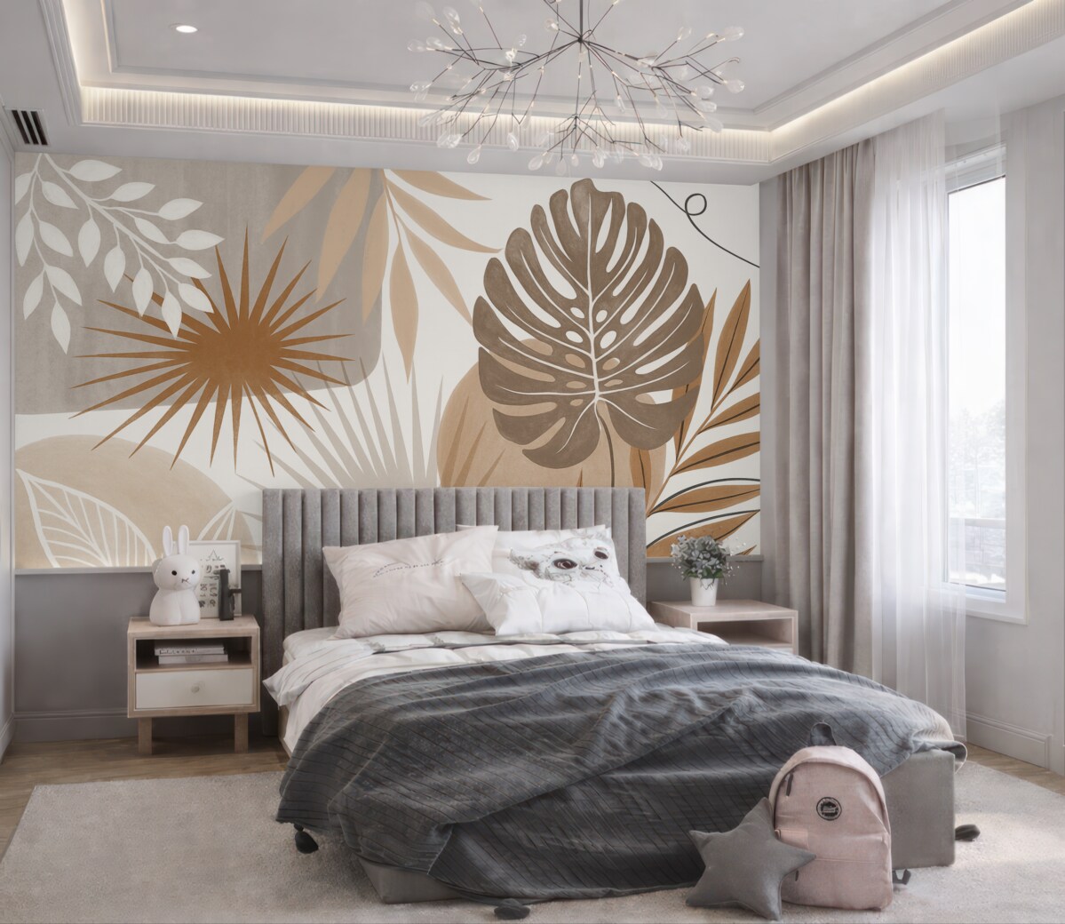 Fototapeta Abstrakcyjny motyw przedstawiający różnorodne tropikalne liście w ziemistych tonacjach brązu, beżu i kremu.