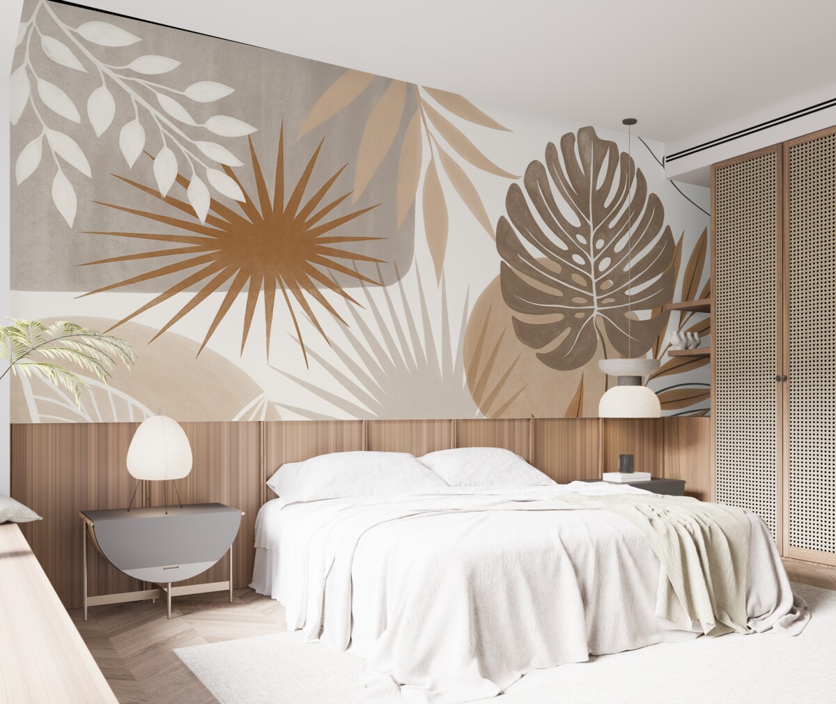 Fototapeta Abstrakcyjny motyw przedstawiający różnorodne tropikalne liście w ziemistych tonacjach brązu, beżu i kremu.