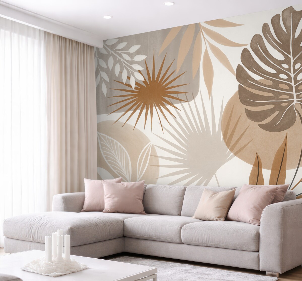 Fototapeta Abstrakcyjny motyw przedstawiający różnorodne tropikalne liście w ziemistych tonacjach brązu, beżu i kremu.