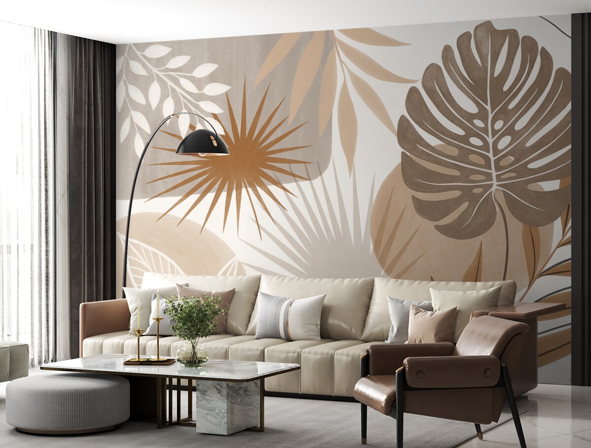 Fototapeta Abstrakcyjny motyw przedstawiający różnorodne tropikalne liście w ziemistych tonacjach brązu, beżu i kremu.