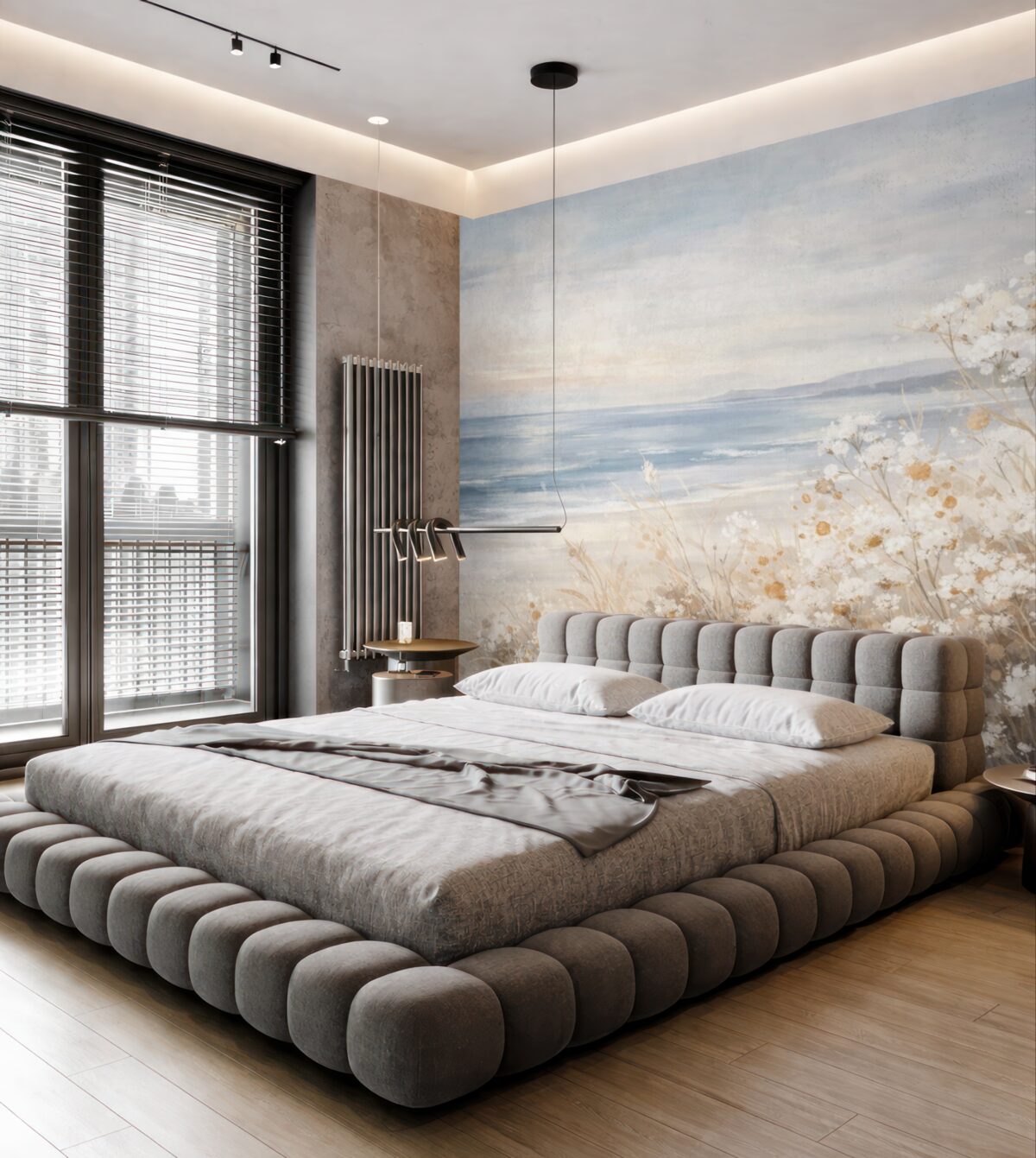 Fototapeta Białe, abstrakcyjne kwiaty z subtelnymi łodygami w trawie, na łagodnym, stonowanym tle cichego morza i nieba.