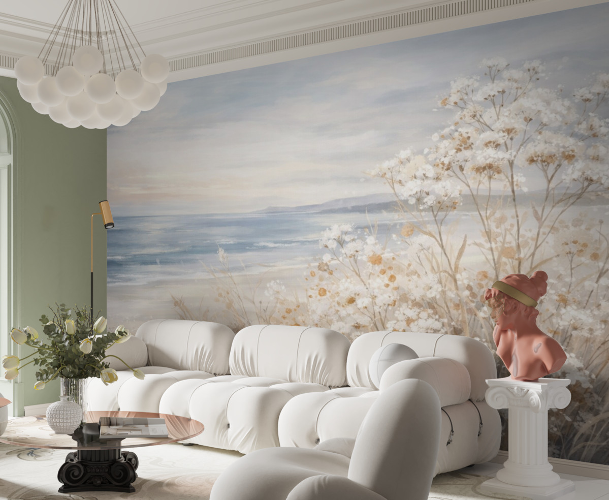 Fototapeta Białe, abstrakcyjne kwiaty z subtelnymi łodygami w trawie, na łagodnym, stonowanym tle cichego morza i nieba.