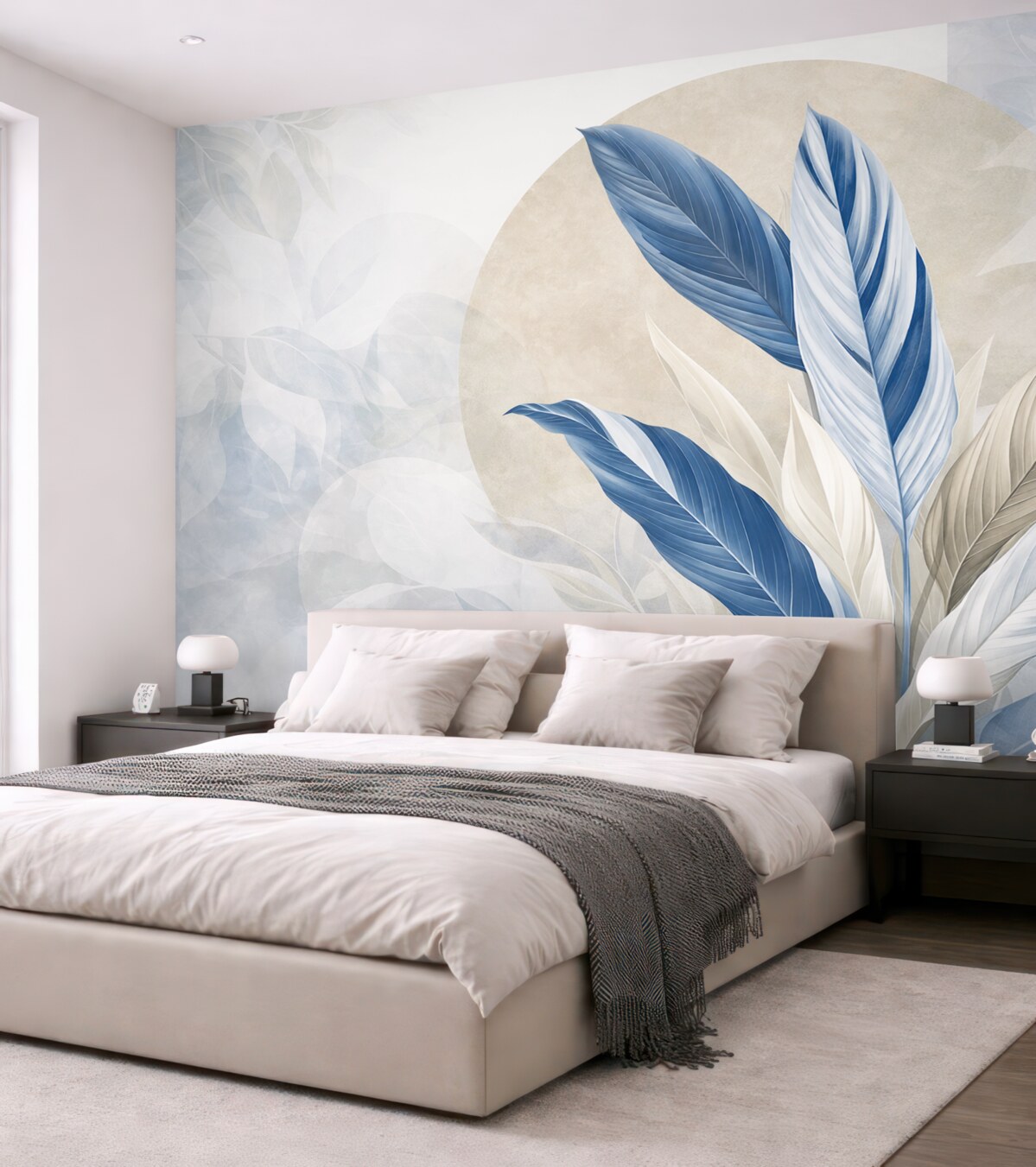 Fototapeta Wsp współczesna i abstrakcyjna geometryczna kompozycja teksturalna z precyzyjnymi liśćmi w tonacjach niebieskiego, beżowego i białego.