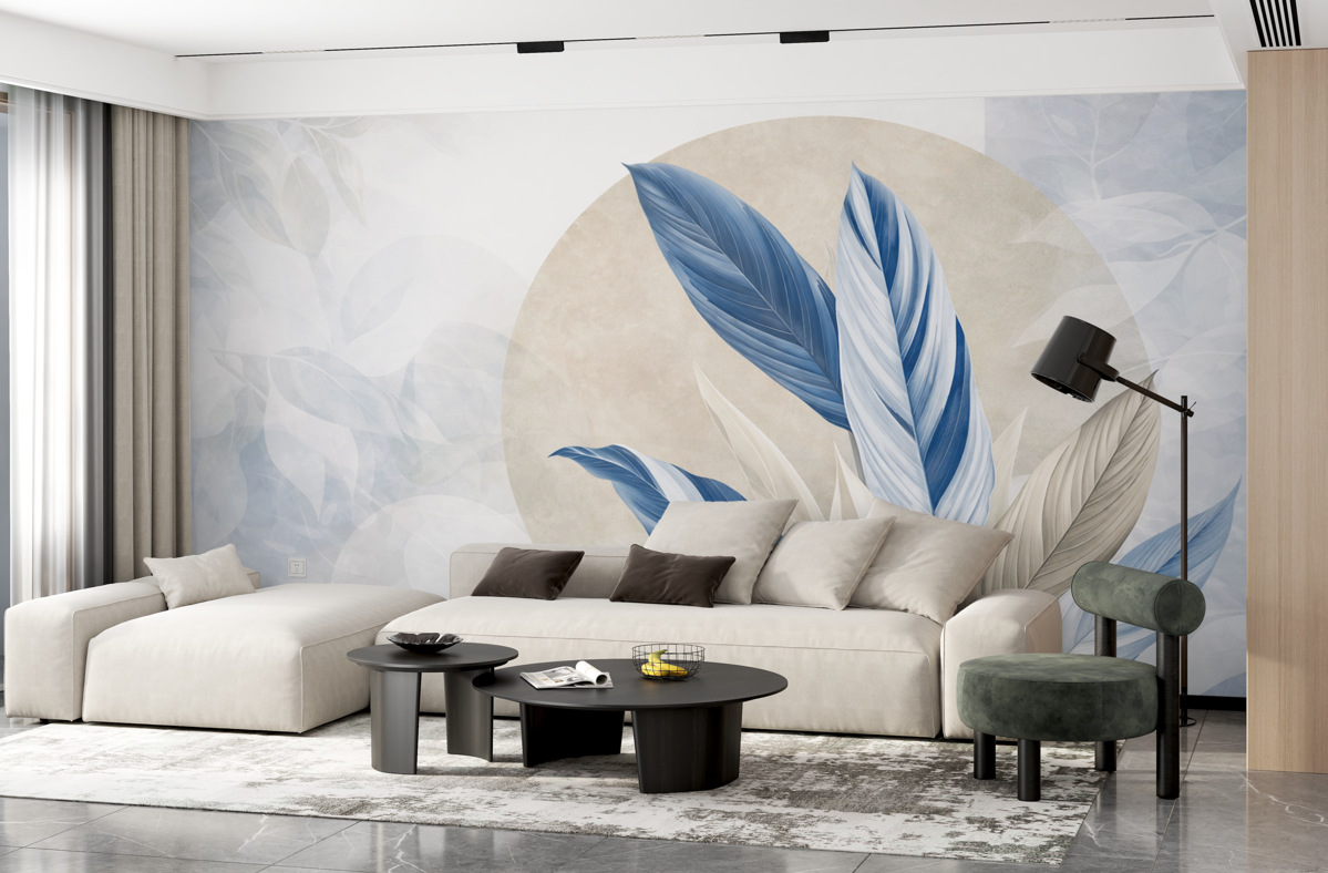 Fototapeta Wsp współczesna i abstrakcyjna geometryczna kompozycja teksturalna z precyzyjnymi liśćmi w tonacjach niebieskiego, beżowego i białego.