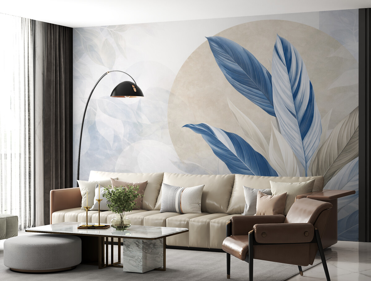 Fototapeta Wsp współczesna i abstrakcyjna geometryczna kompozycja teksturalna z precyzyjnymi liśćmi w tonacjach niebieskiego, beżowego i białego.