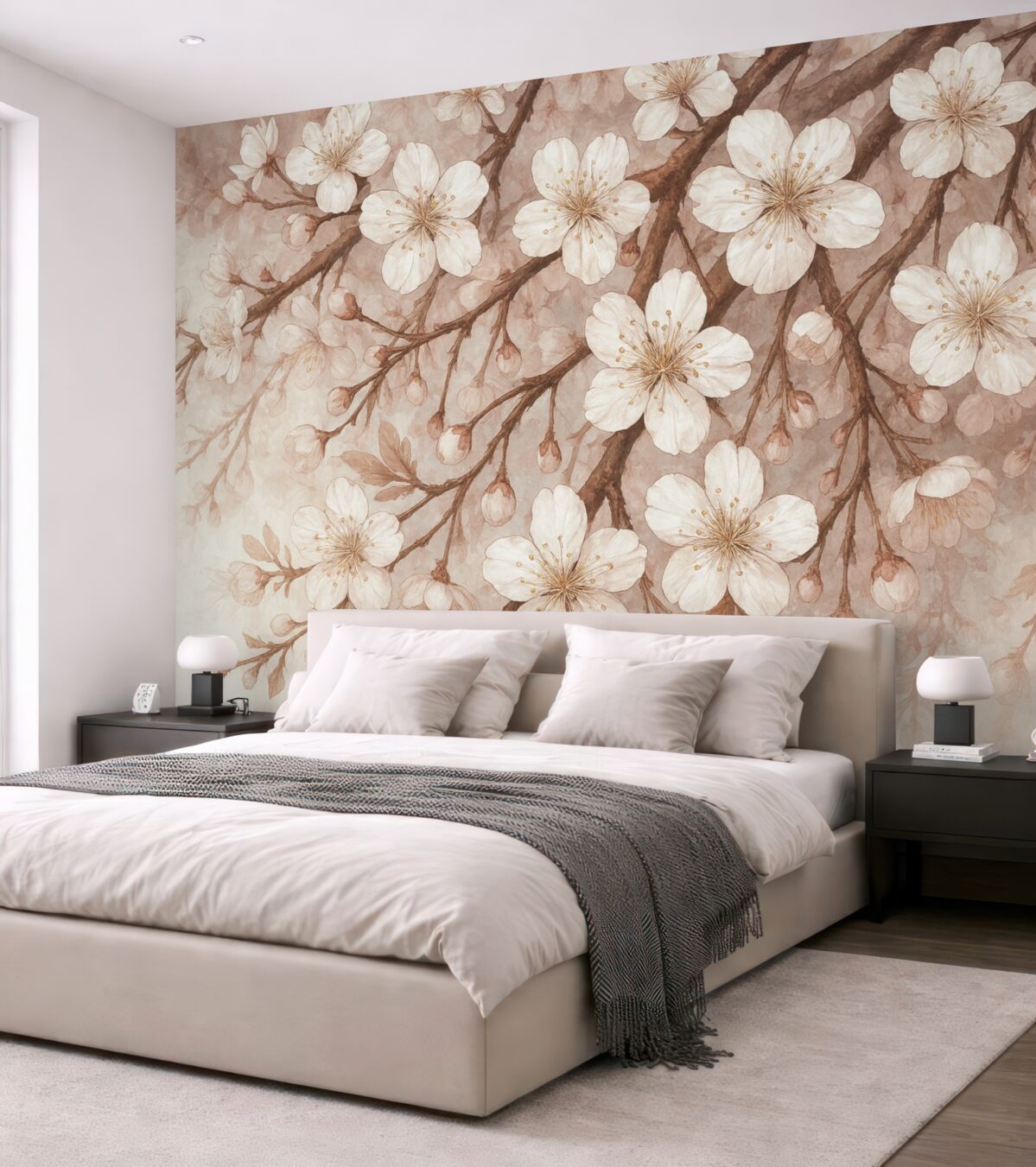 Fototapeta Gałęzie kwiatów wiśni z subtelnymi białymi kwiatami i różowymi akcentami na jasnoniebieskim tle.