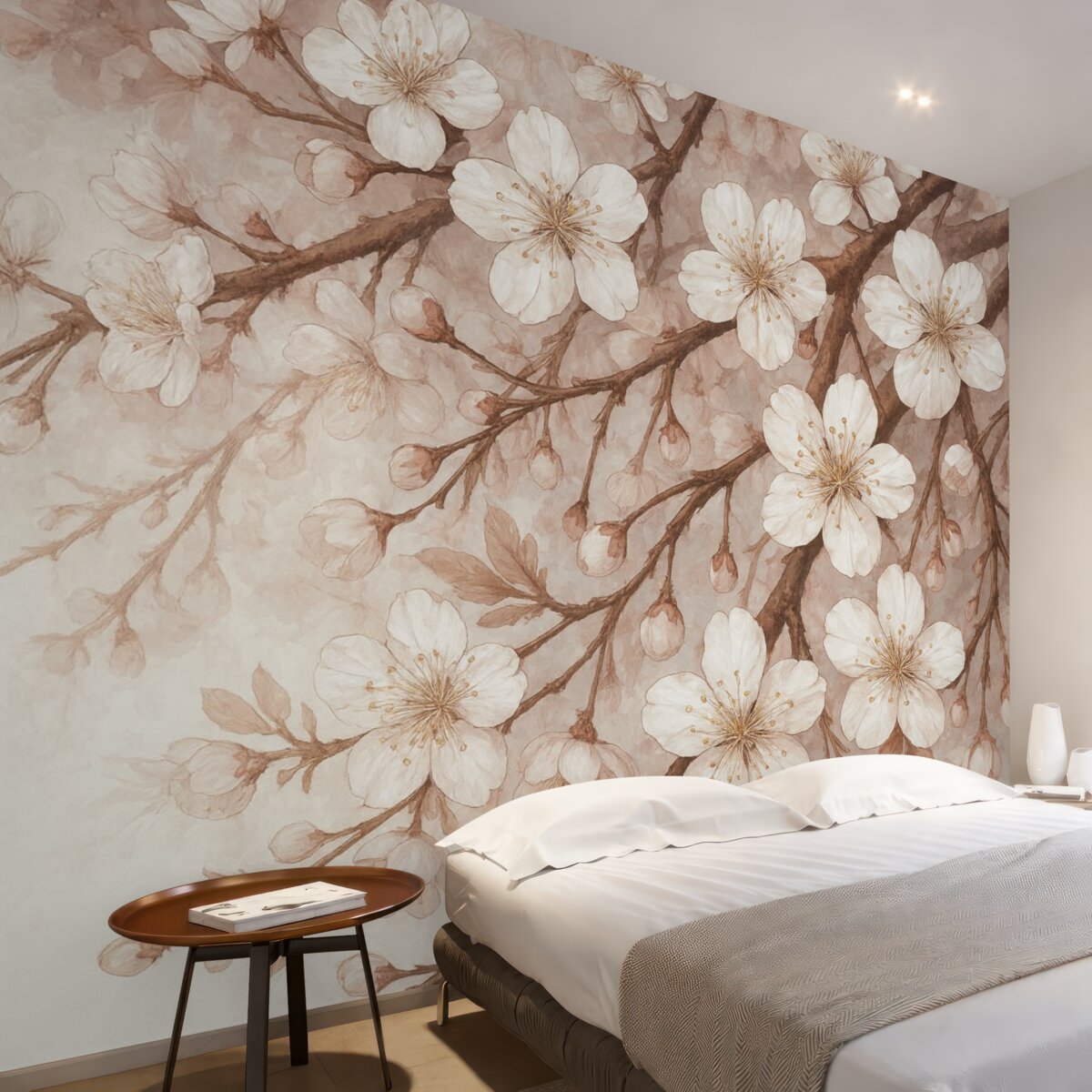 Fototapeta Gałęzie kwiatów wiśni z subtelnymi białymi kwiatami i różowymi akcentami na jasnoniebieskim tle.