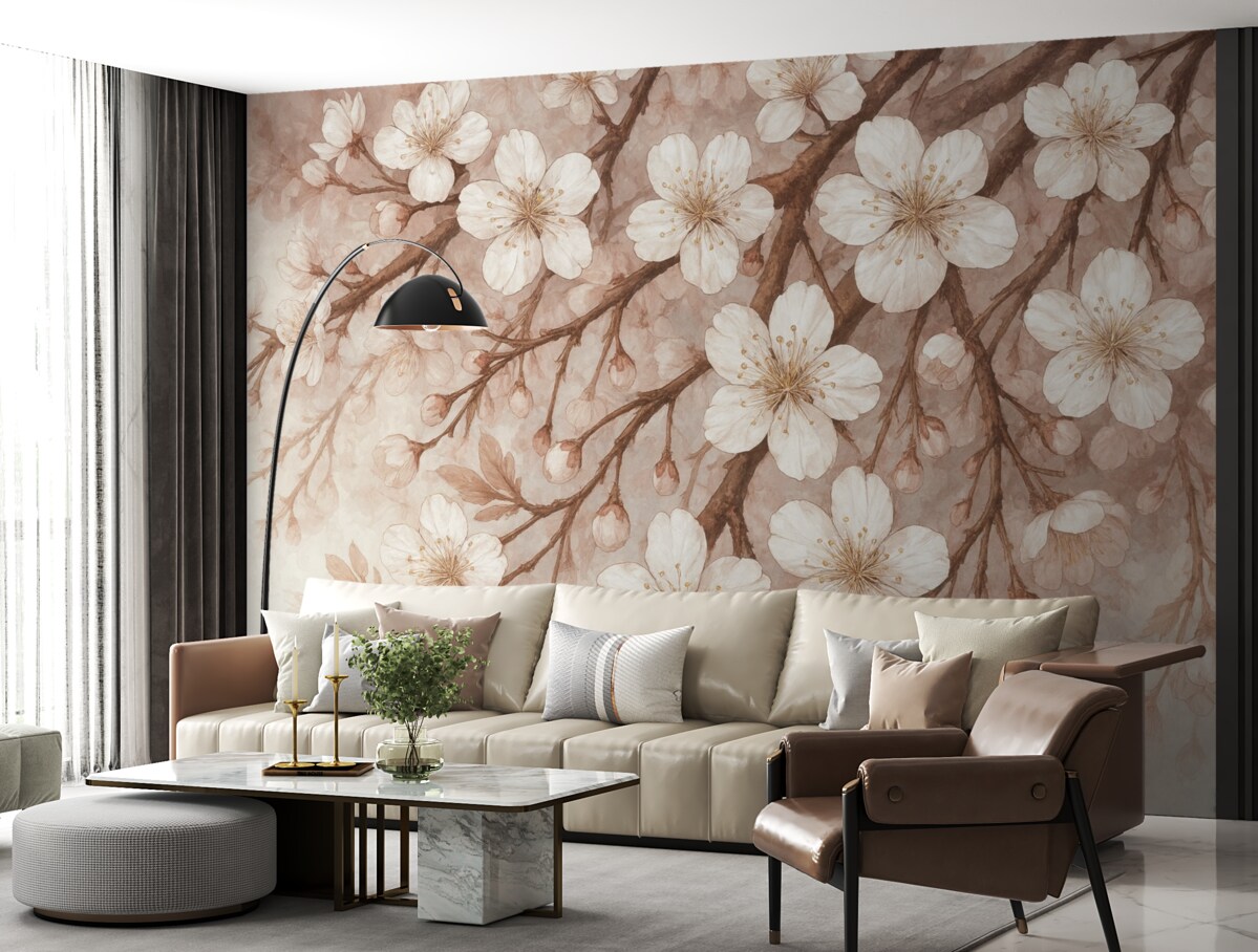 Fototapeta Gałęzie kwiatów wiśni z subtelnymi białymi kwiatami i różowymi akcentami na jasnoniebieskim tle.