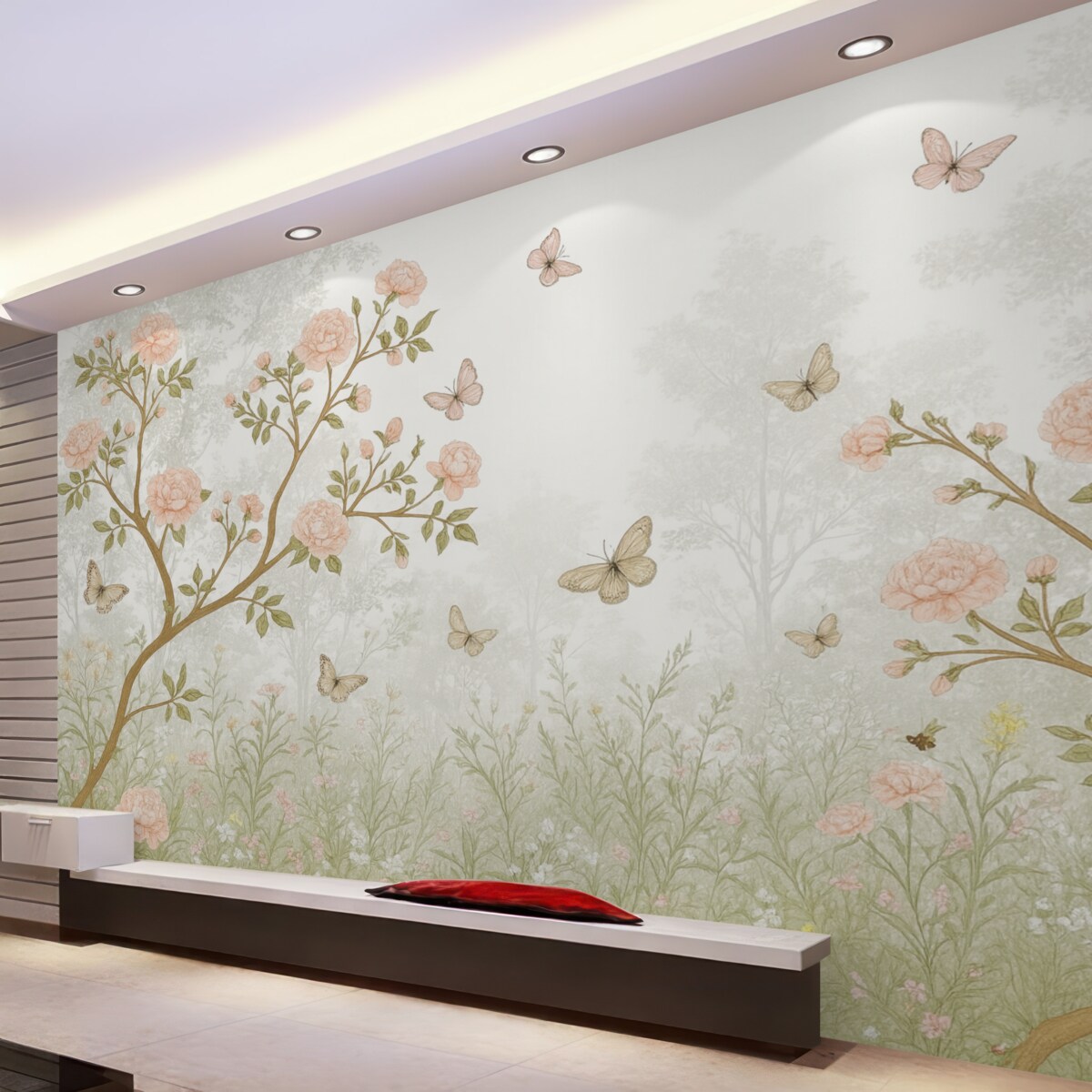 Fototapeta Subtelne różowe kwitnące drzewa, unoszące się motyle i zielone liście powiązane ze smukłymi konarami.