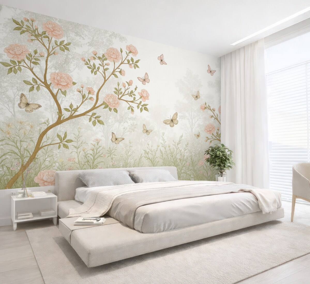Fototapeta Subtelne różowe kwitnące drzewa, unoszące się motyle i zielone liście powiązane ze smukłymi konarami.