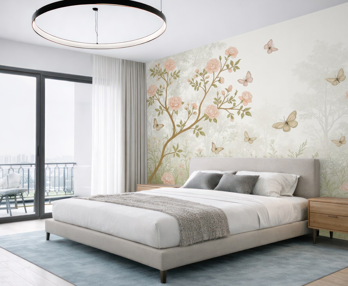 Fototapeta Subtelne różowe kwitnące drzewa, unoszące się motyle i zielone liście powiązane ze smukłymi konarami.