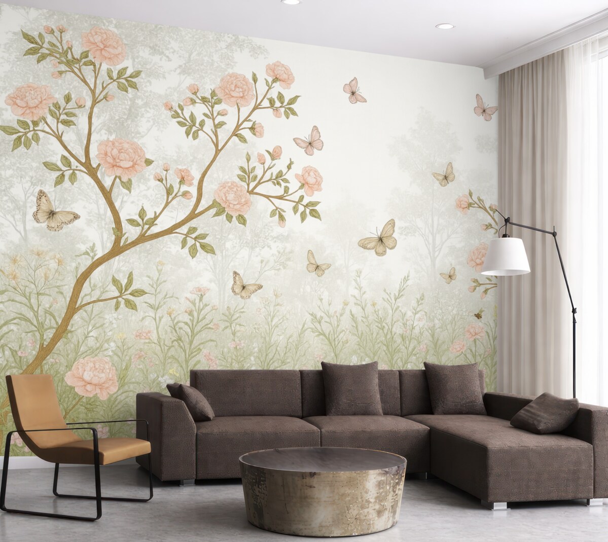 Fototapeta Subtelne różowe kwitnące drzewa, unoszące się motyle i zielone liście powiązane ze smukłymi konarami.