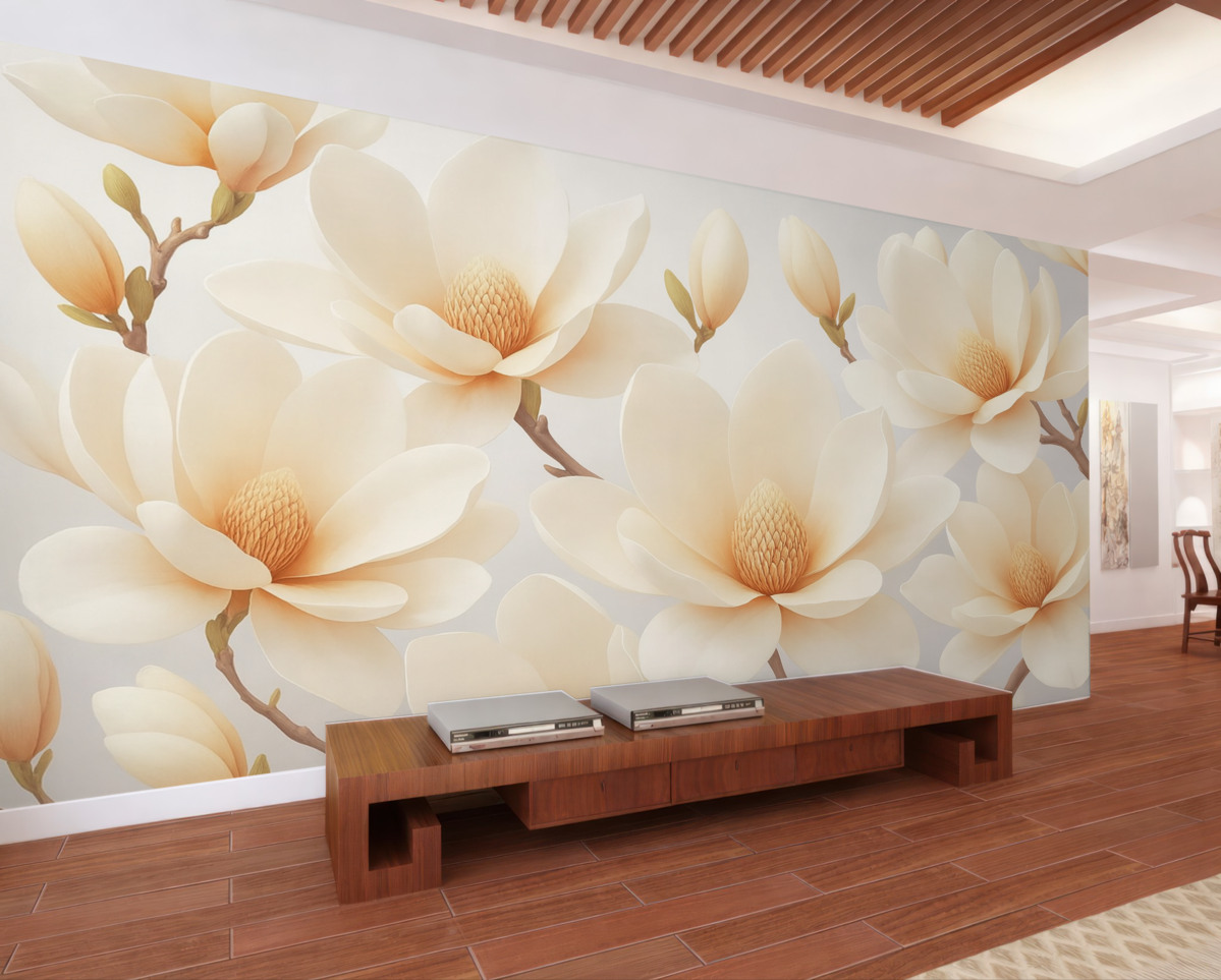 Fototapeta Kwitnące białe kwiaty magnolii na jasnym tle.