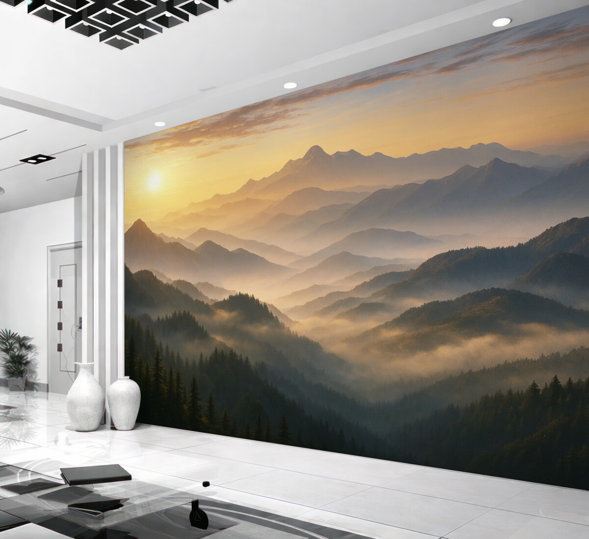 Fototapeta Ciszy górski pejzaż o poranku, z subtelną mgiełką oplatającą sosny.