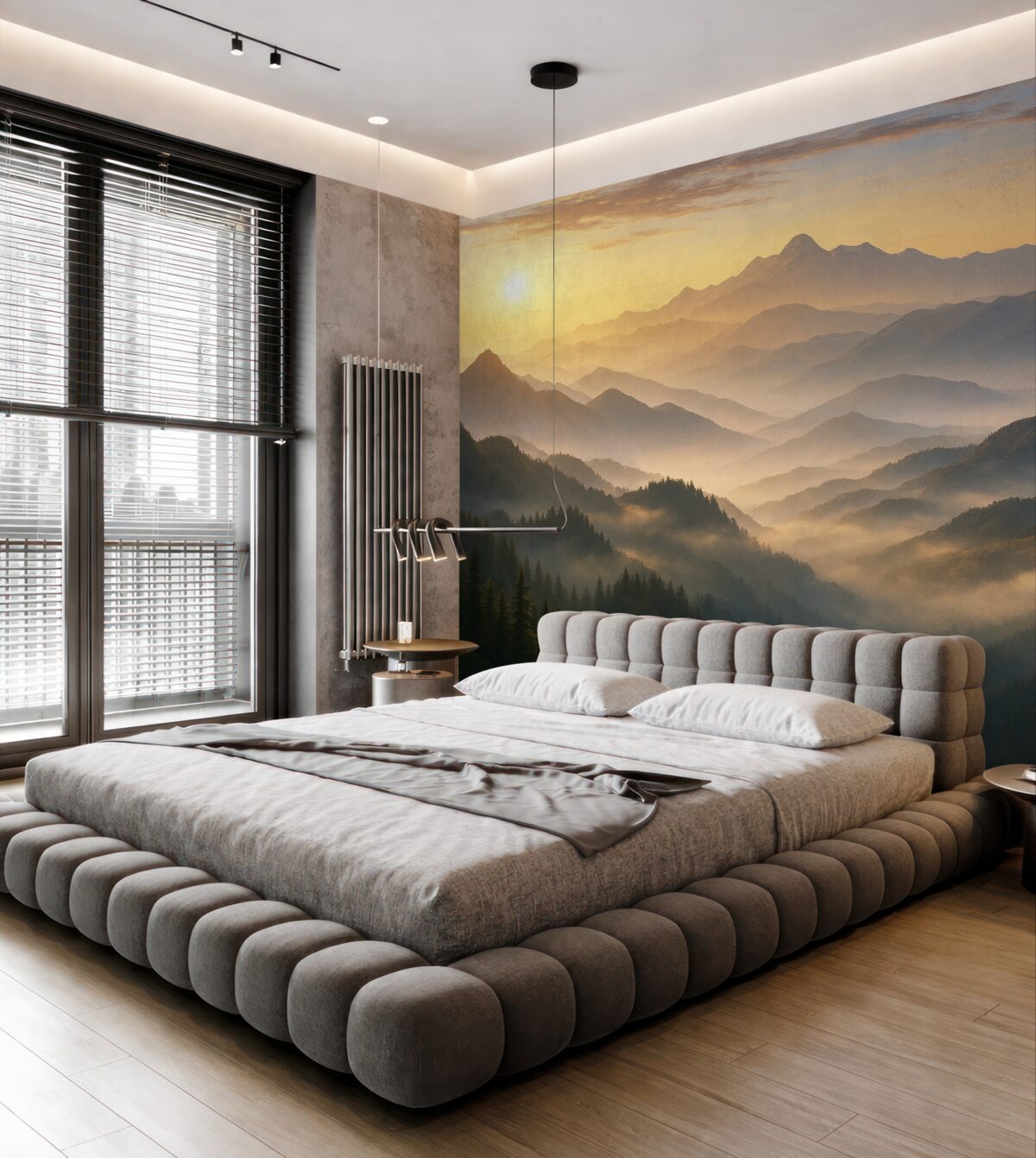 Fototapeta Ciszy górski pejzaż o poranku, z subtelną mgiełką oplatającą sosny.