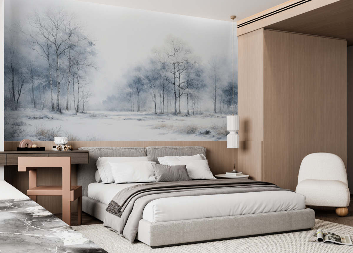 Fototapeta Niebieskie drzewa w technice akwarelowej na jasnym tle.