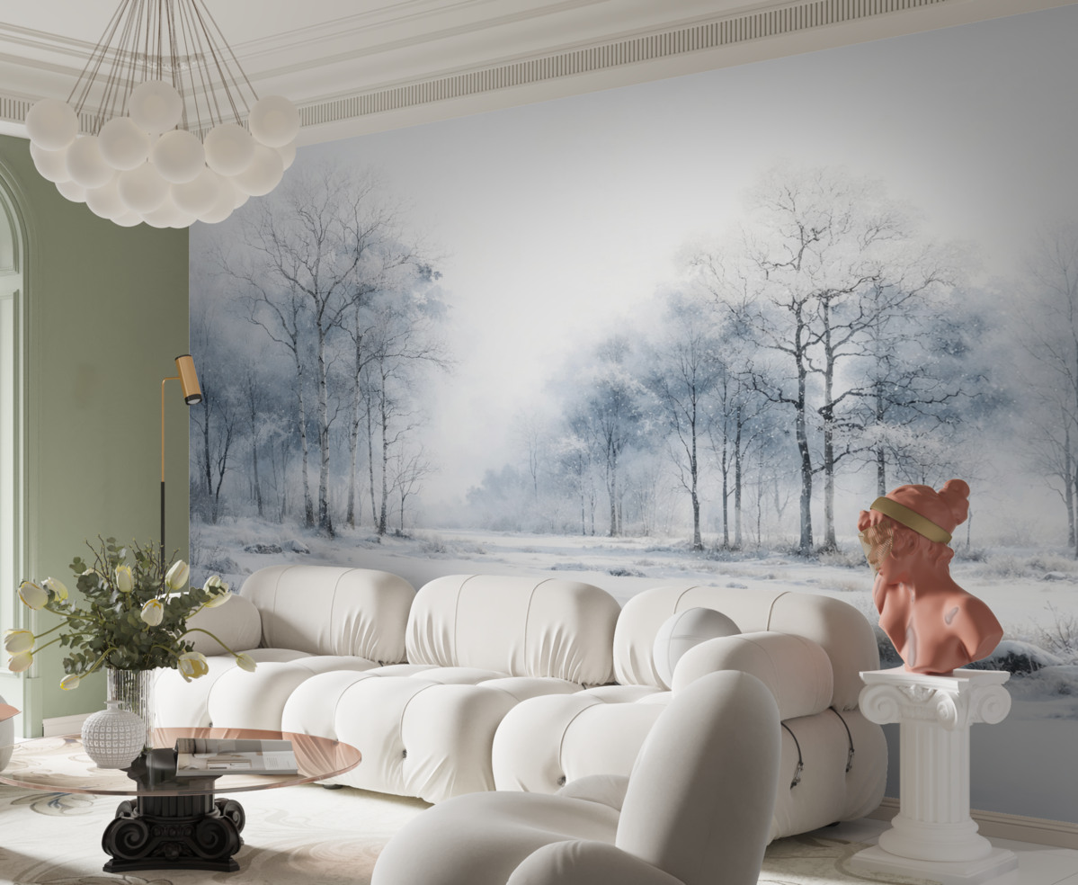 Fototapeta Niebieskie drzewa w technice akwarelowej na jasnym tle.