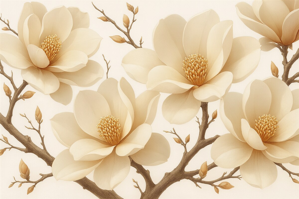 Fototapeta Kremowe konary magnolii na jasnym tle.