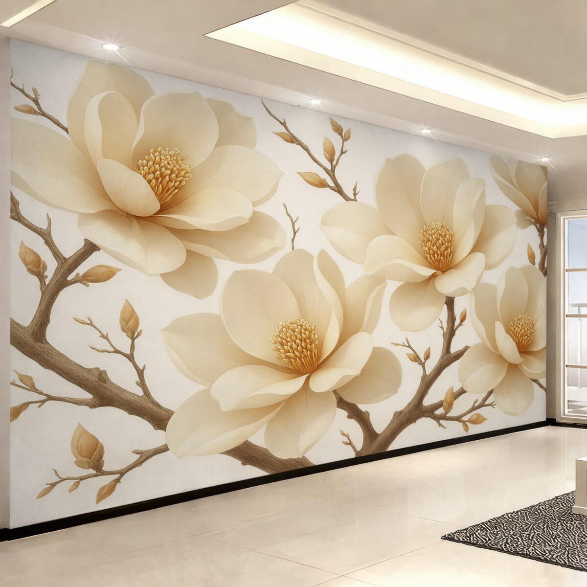 Fototapeta Kremowe konary magnolii na jasnym tle.