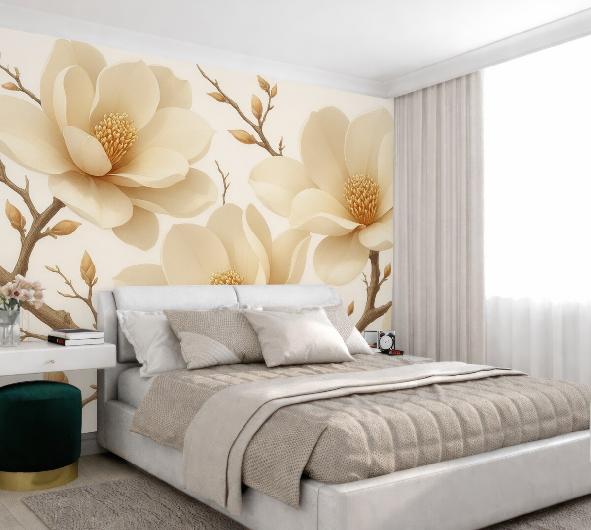 Fototapeta Kremowe konary magnolii na jasnym tle.