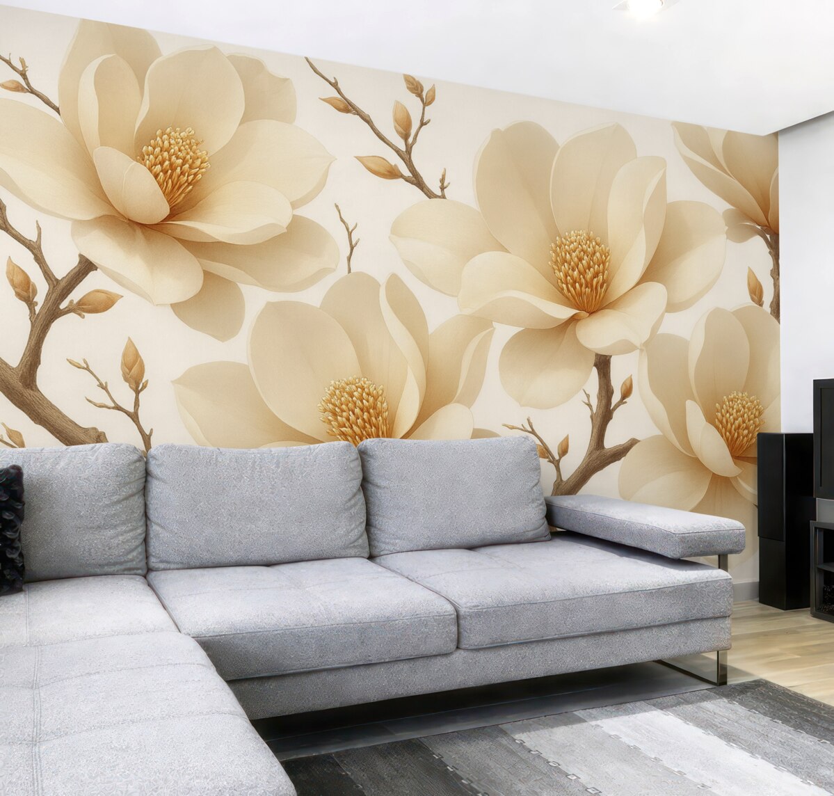 Fototapeta Kremowe konary magnolii na jasnym tle.