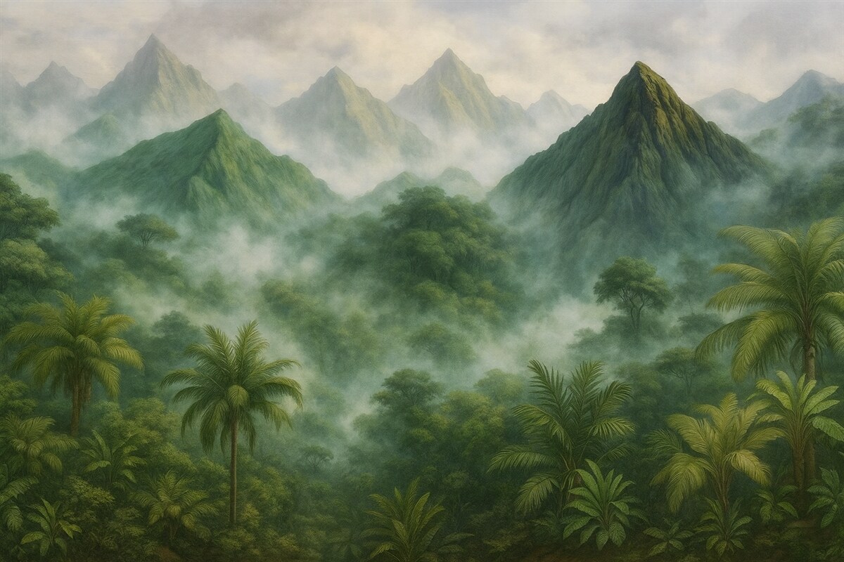 Fototapeta Tropikalny zakątek w górach, naśladujący akwarelę.