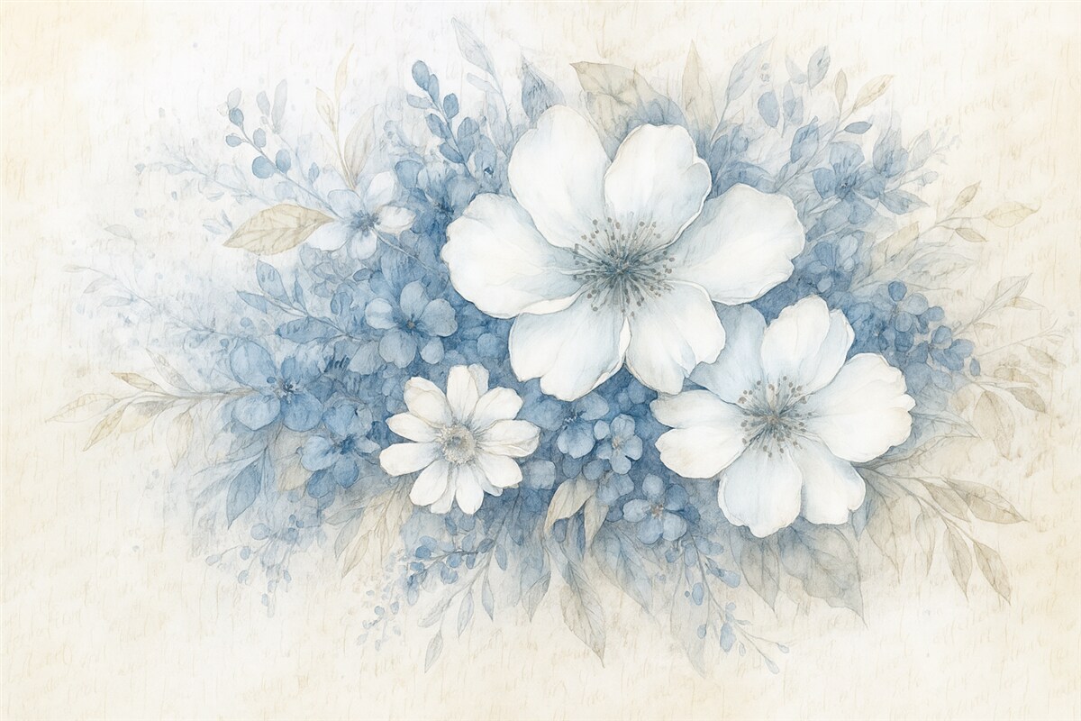 Fototapeta Delikatna imitacja ściany z fakturą białych i niebieskich kwiatów na jasnym tle z nieczytelnym odręcznym napisem.