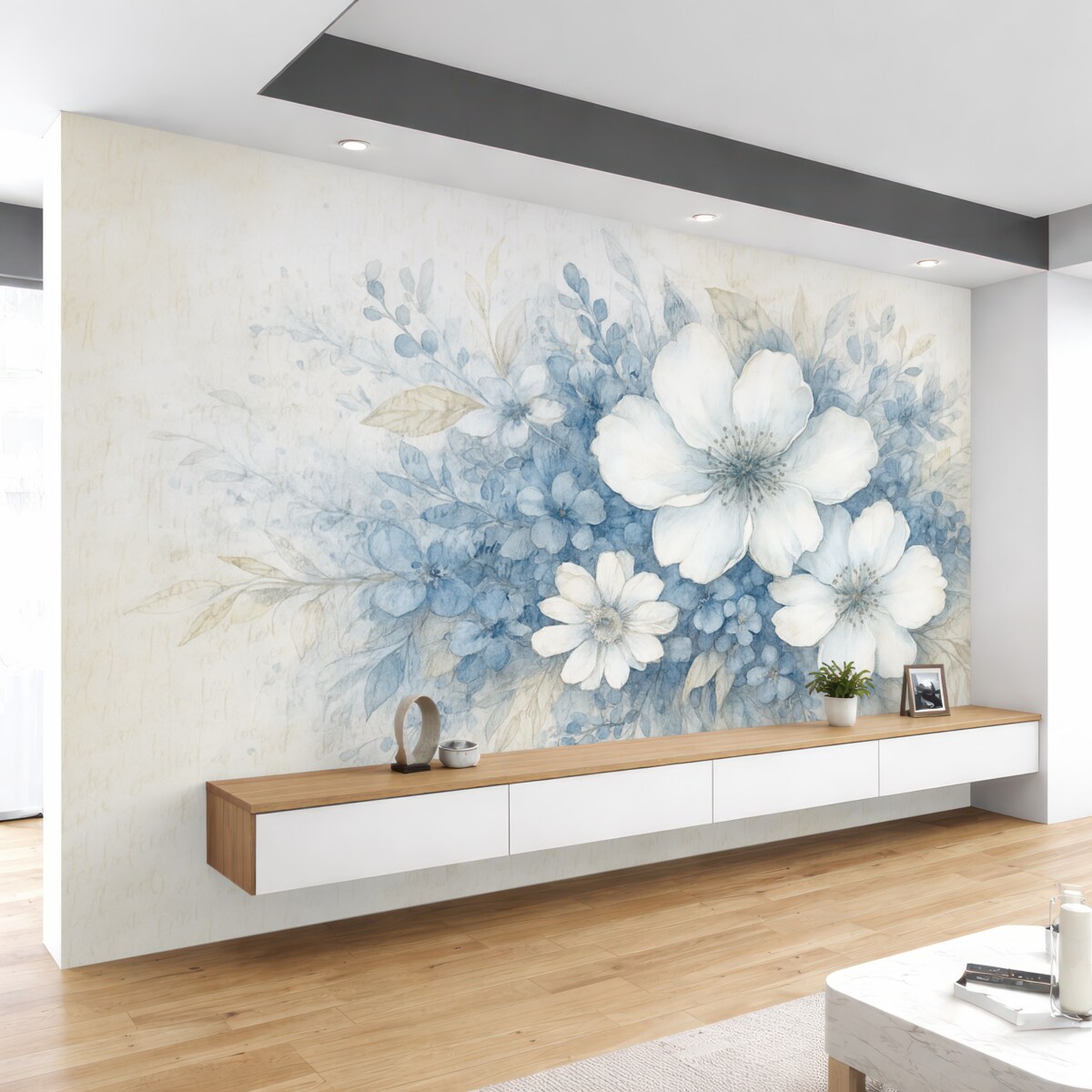 Fototapeta Delikatna imitacja ściany z fakturą białych i niebieskich kwiatów na jasnym tle z nieczytelnym odręcznym napisem.