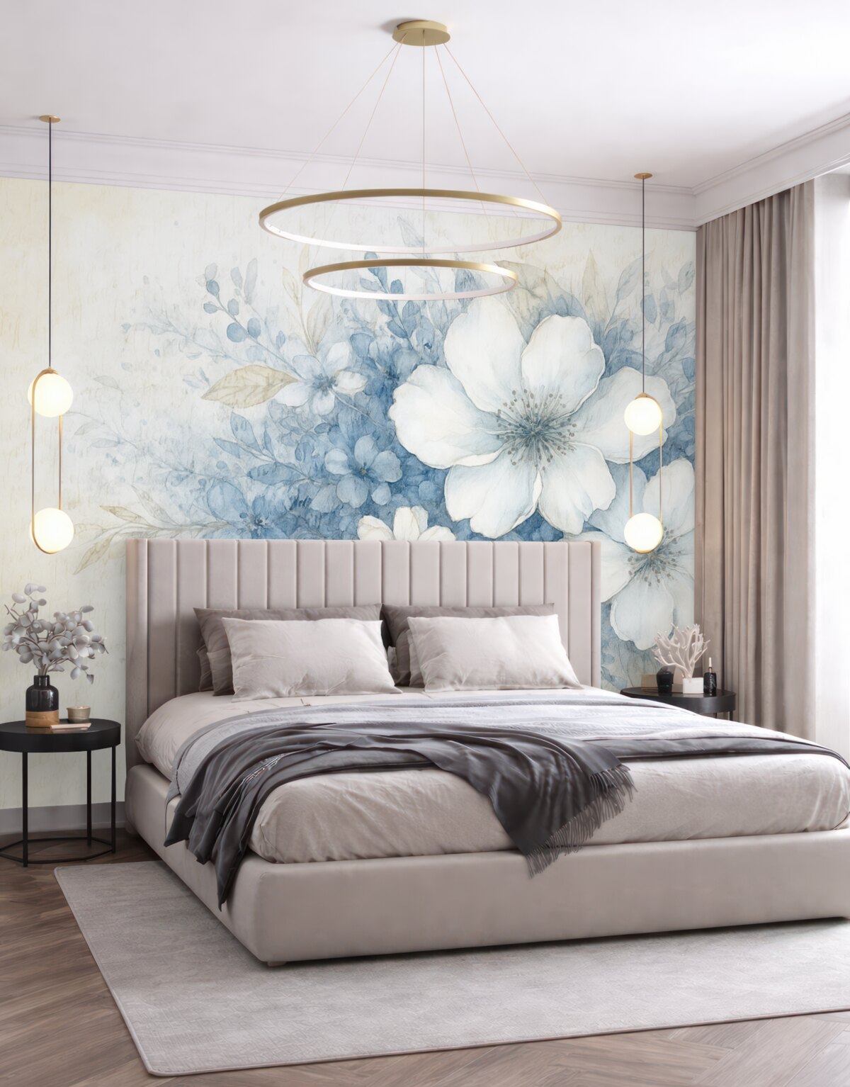 Fototapeta Delikatna imitacja ściany z fakturą białych i niebieskich kwiatów na jasnym tle z nieczytelnym odręcznym napisem.