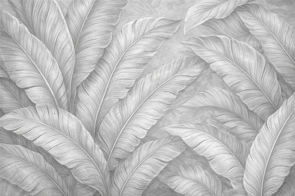 Fototapeta Szczegółowe, duże liście tropikalne w jednolitym, jasnym odcieniu szarości w stylu loftowym.