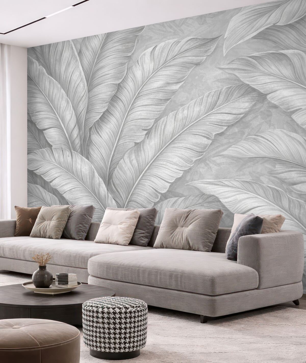 Fototapeta Szczegółowe, duże liście tropikalne w jednolitym, jasnym odcieniu szarości w stylu loftowym.