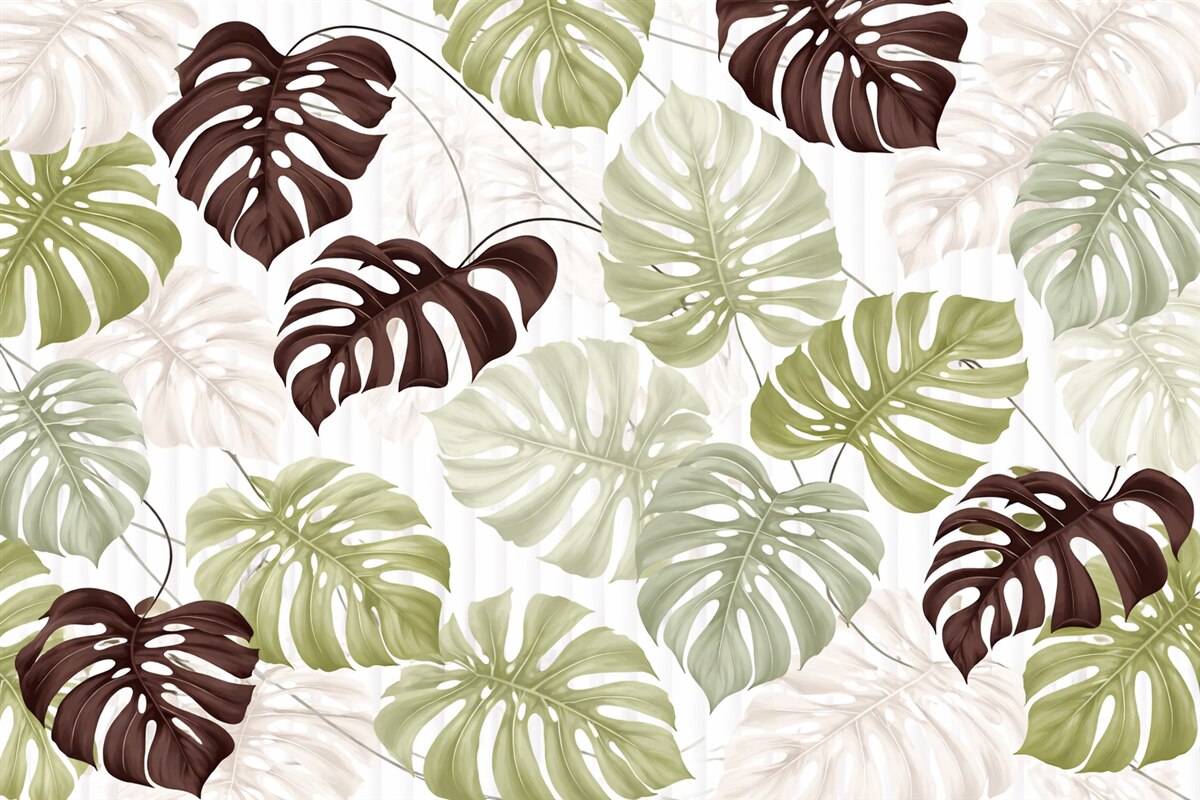 Fototapeta Liście Monstery w kolorach zieleni, bieli i ciemnego brązu na jasnym tle o strukturze w paski.