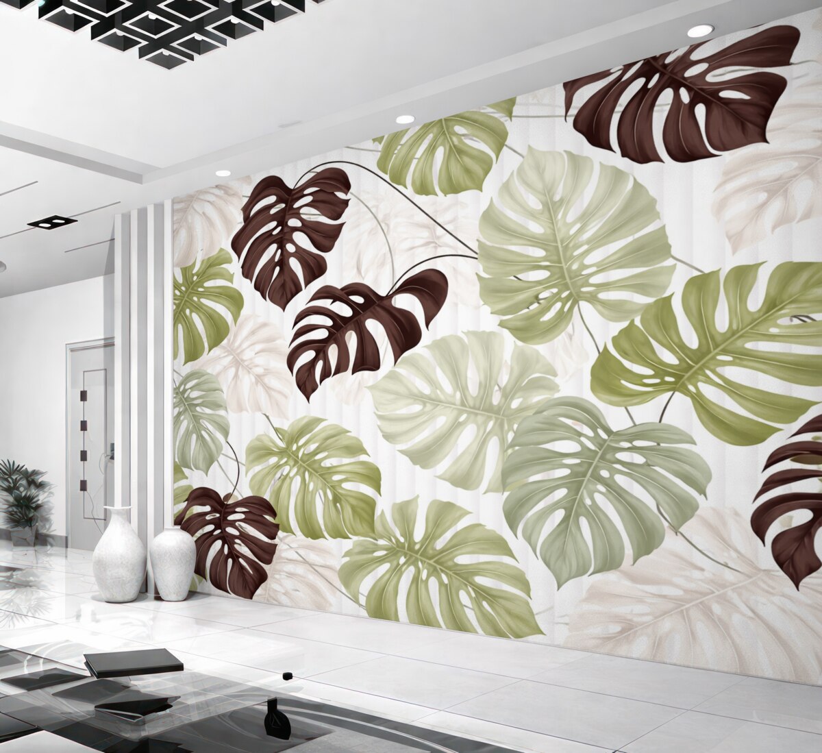 Fototapeta Liście Monstery w kolorach zieleni, bieli i ciemnego brązu na jasnym tle o strukturze w paski.