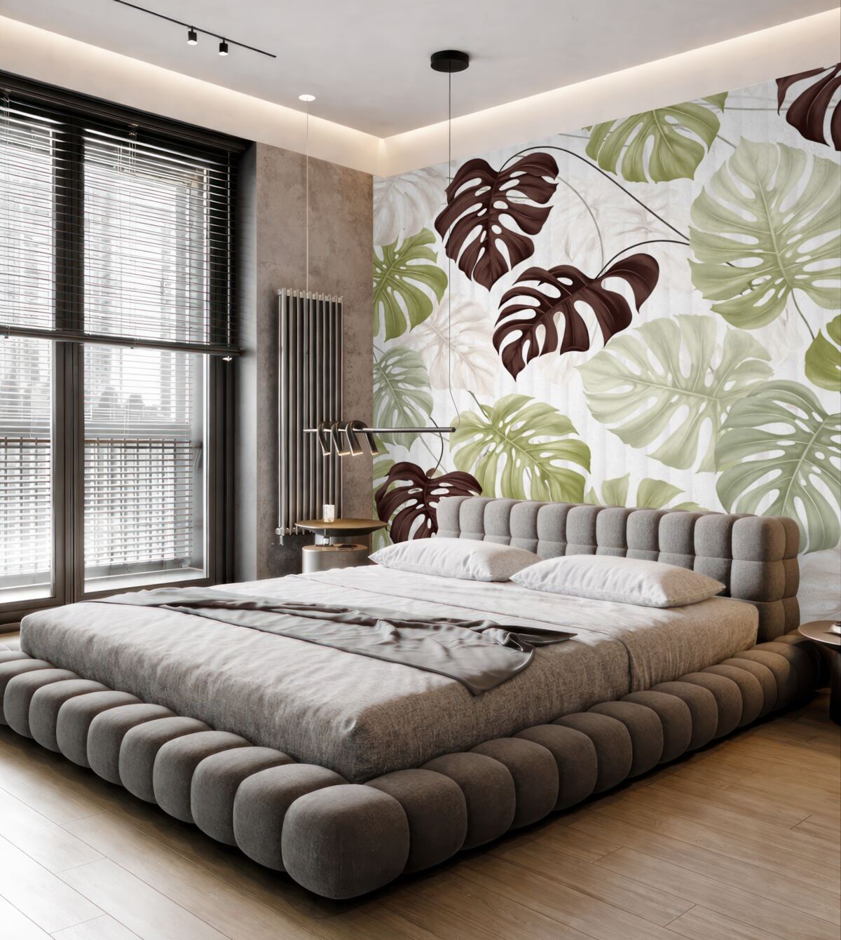 Fototapeta Liście Monstery w kolorach zieleni, bieli i ciemnego brązu na jasnym tle o strukturze w paski.