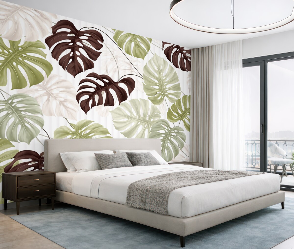 Fototapeta Liście Monstery w kolorach zieleni, bieli i ciemnego brązu na jasnym tle o strukturze w paski.