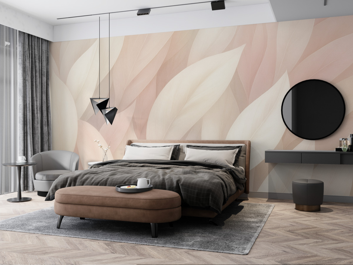 Fototapeta Abstrakcyjny motyw z subtelnymi formami przypominającymi kwiaty w kolorach różu i bieli, tworzący efekt wielowarstwowy.