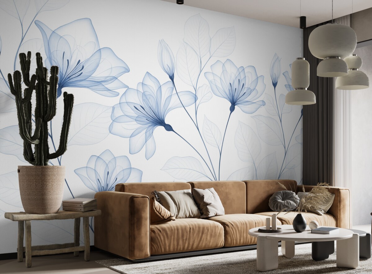 Fototapeta Subtelne, minimalistyczne niebieskie kwiaty z przezroczystymi płatkami i zielonymi liśćmi na jasnym tle.